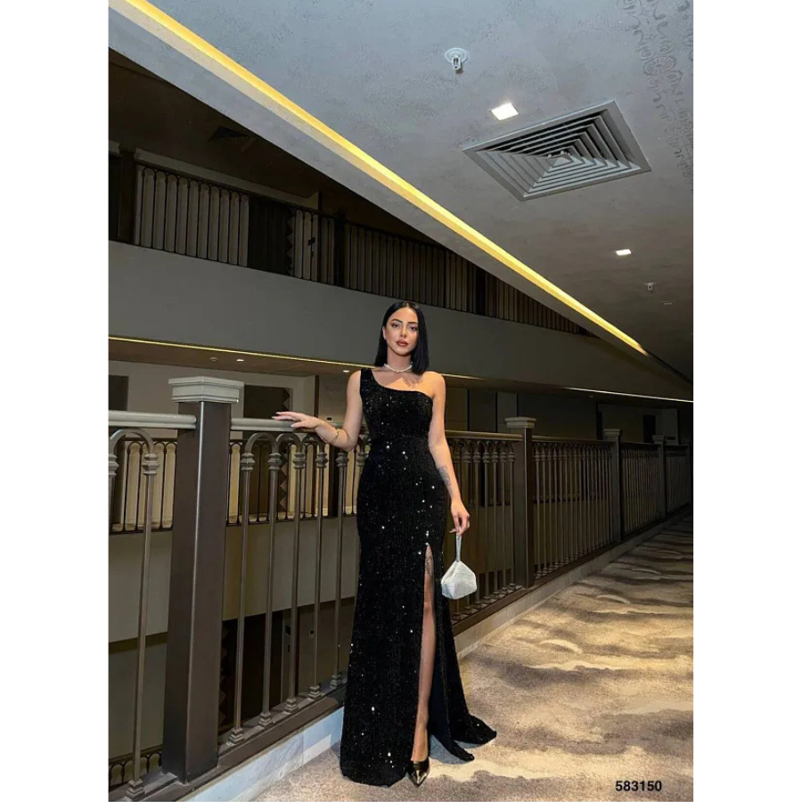 WoolnClyde Women's Black Velvet Fabric One Shoulder Slit Back Detail Lined Sequin Maxi Evening Dress