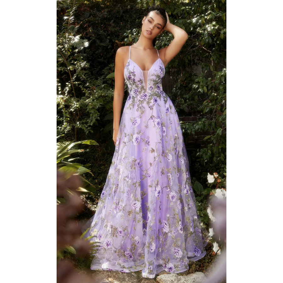 Floral-Print Long Lilac Purple Prom  party Dress