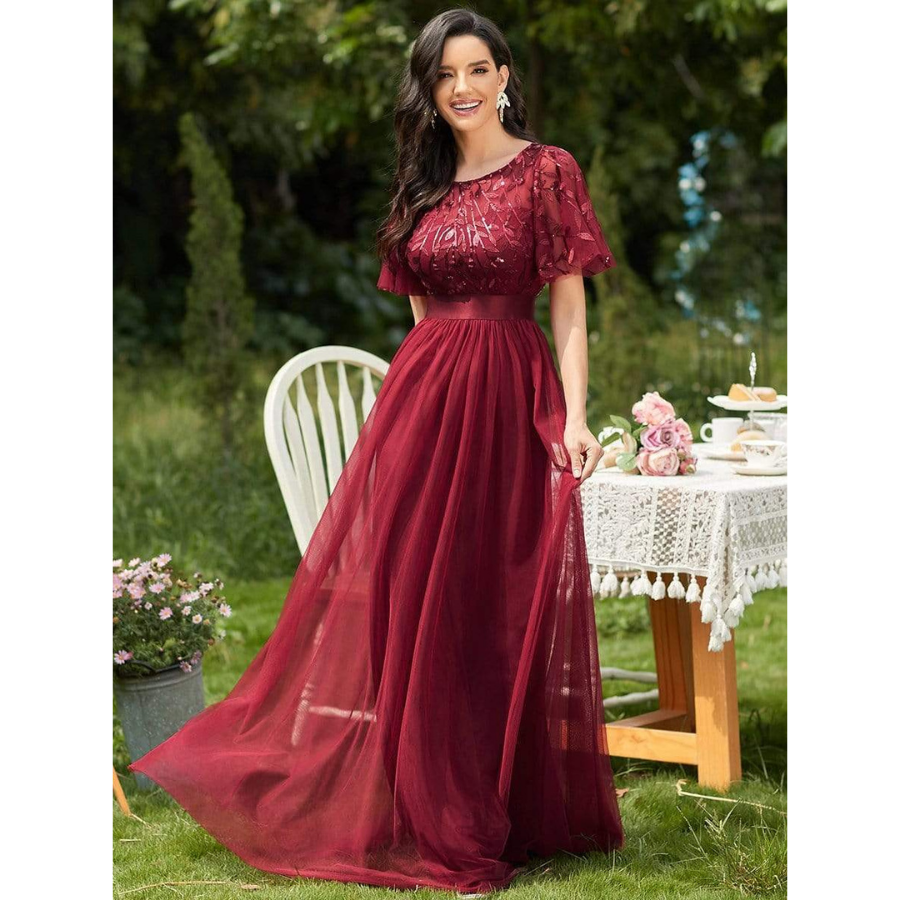 Women's A-Line Short Sleeve Embroidery Floor Length party Dresses