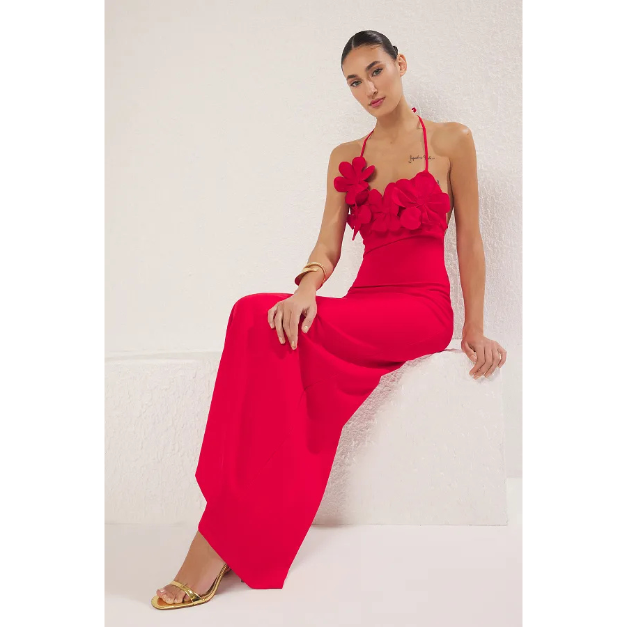 Trendyol Collection Red Rose Detailed Woven Long Stylish Evening Dress Night Graduation Dress