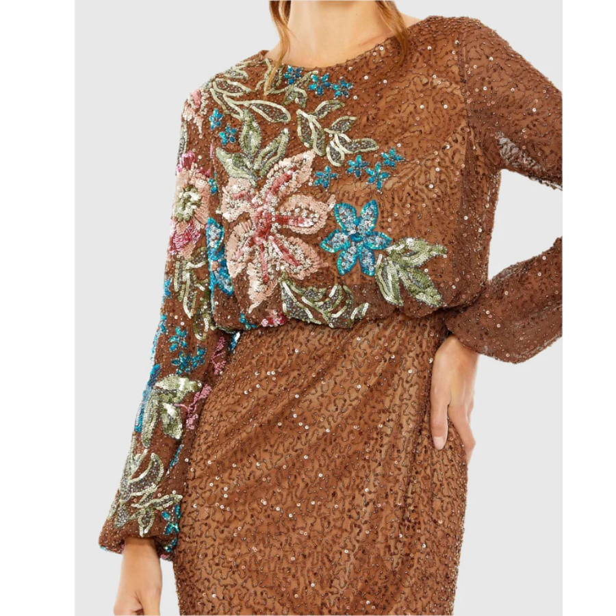 Brown Embellished Floral High formal Neck Gown
