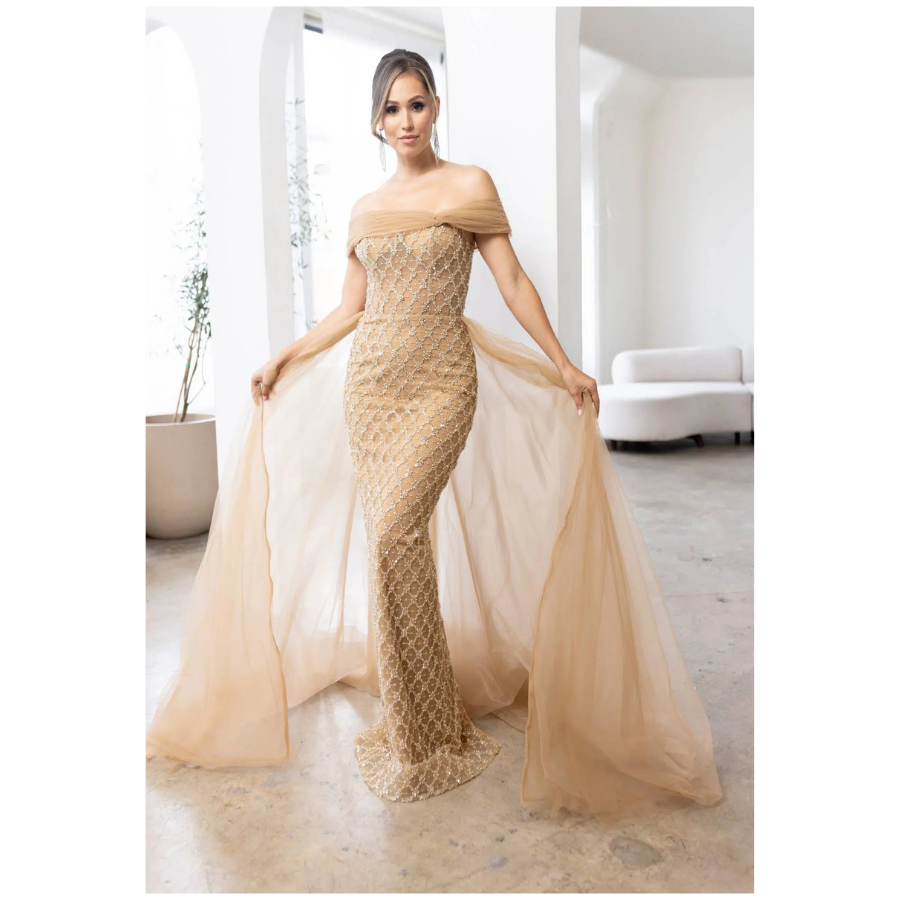 V-Line Off-Shoulder Beaded Tulle Champagne Column Evening Dress