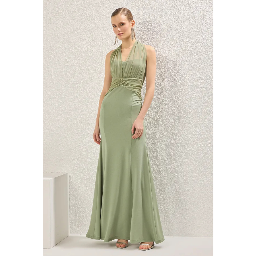 Trendyol Collection Mint Straight Fish Drawstring / Drape Knitted Sandy Maxi Evening Dress