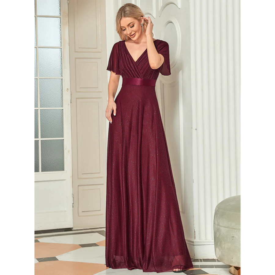 Deep V Neck Ruffles Sleeve A Line Wholesale Evening Dresses